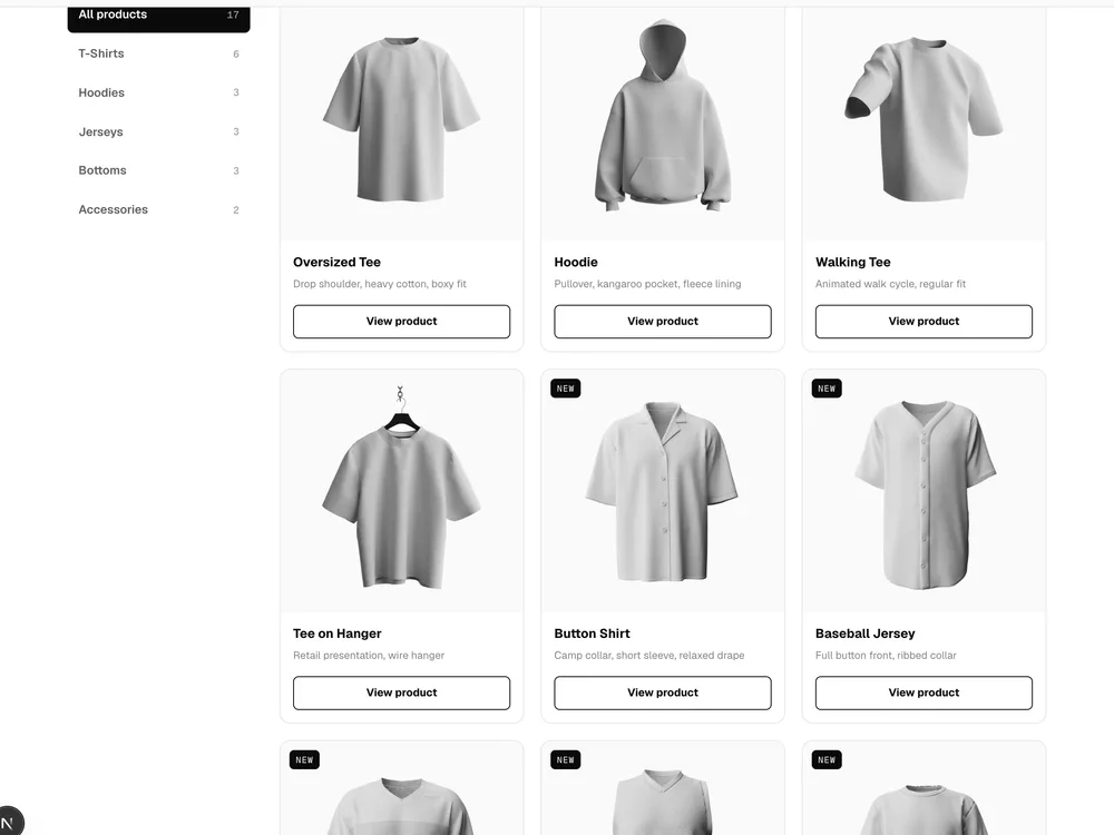 The 3DMockups catalog, showing the 3D garments you can start from